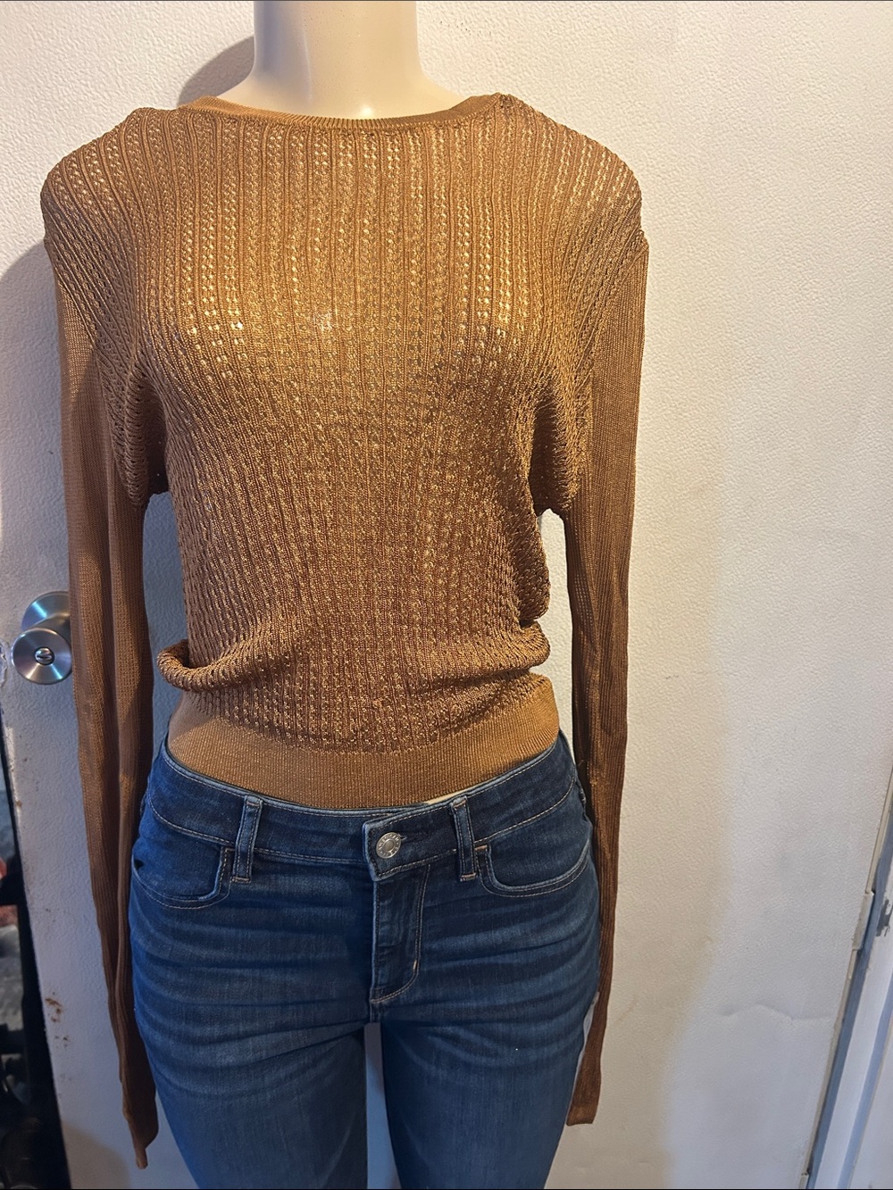 Free People Metallic Camel Knit Long Sleeve Top